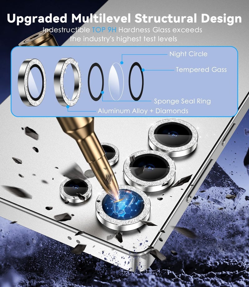 CloudValley حامي عدسة كاميرا سامسونج جالكسي S25 ألترا بتصميم لامع، زجاج مقسى 9H + حلقة حماية عدسة من سبائك الألمنيوم [زخرفة لامعة] غطاء زجاج مقسى بدقة فائقة، لامع بلاتينيوم أبيض فضي - Image 2